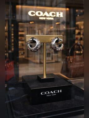 COACH Silver Tobe Engraved Hoop Earrings - Women Accessories